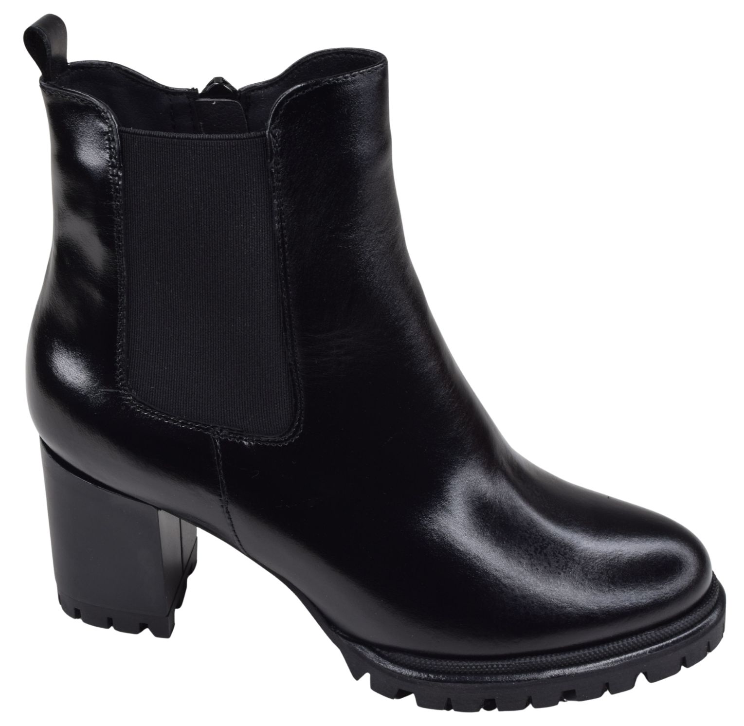 Bottines Chelsea femme Piesanto en cuir noir, avec talon bloc et semelle crantée, pour pieds larges en petites pointures.