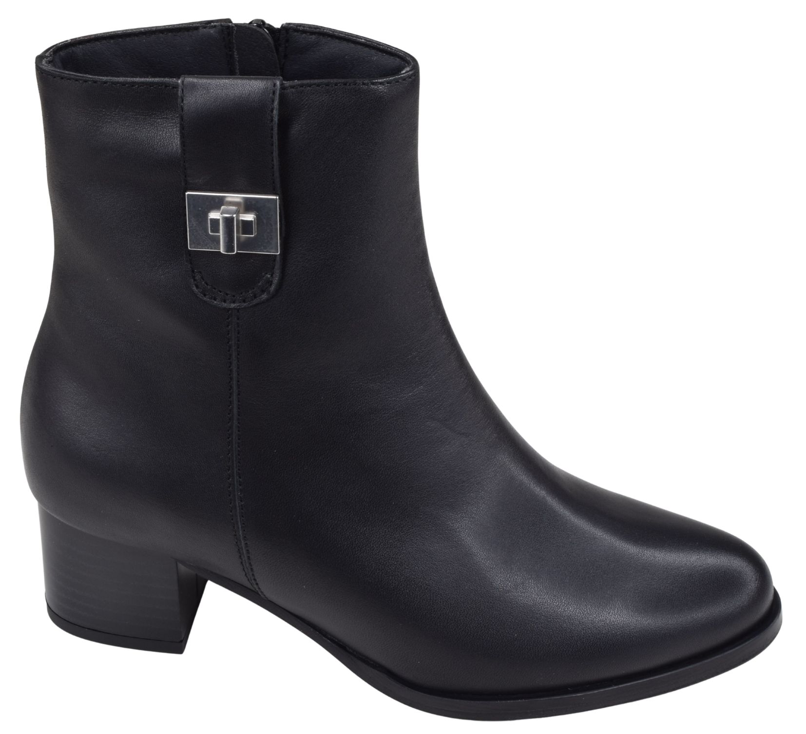 Bottines femme Piesanto en cuir noir, avec talon moyen et boucle métallique décorative, en petites pointures 33 et 34.