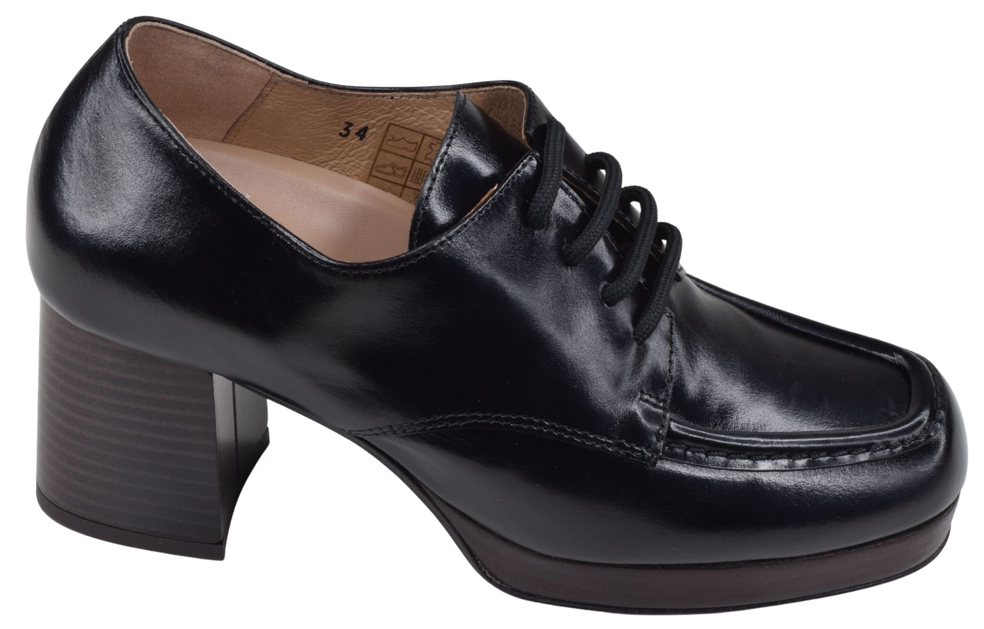 Derbies femme Piesanto en cuir noir à lacets, avec talon large et plateforme, adaptés aux pieds larges en pointures 33 et 34.